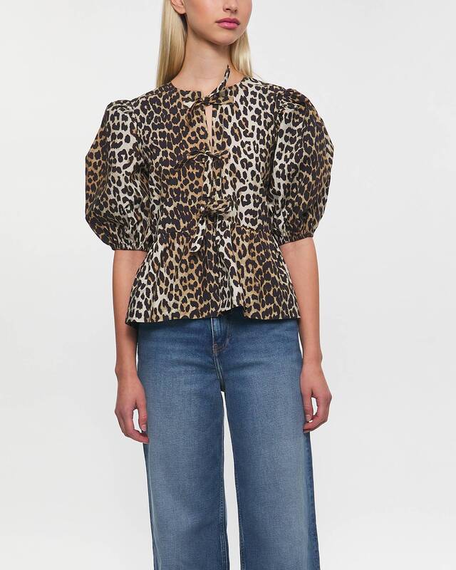 Ganni Blouse Printed Cotton Poplin Peplum Leopard 34