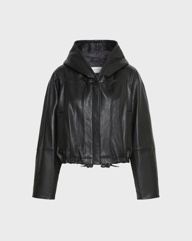 Jacket Leather Bomber Hood Black
