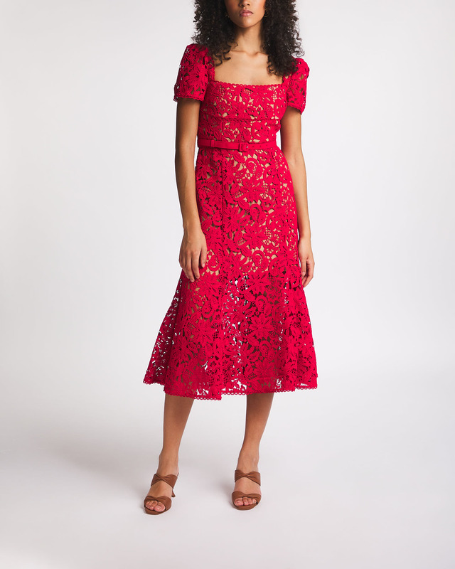 Self-Portrait Dress Red Floral Lace Midi Röd UK 8 (EUR 36)