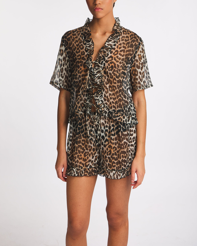 Ganni Blouse Light Chiffon Tie String Leopard 40