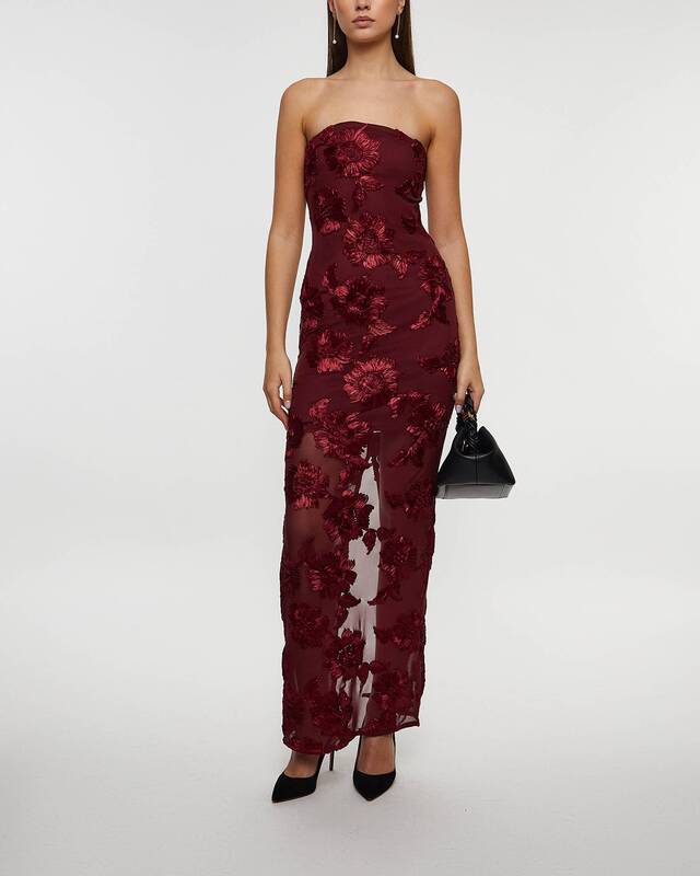 ROTATE Birger Christensen Dress 3D Mesh Maxi Burgundy  38