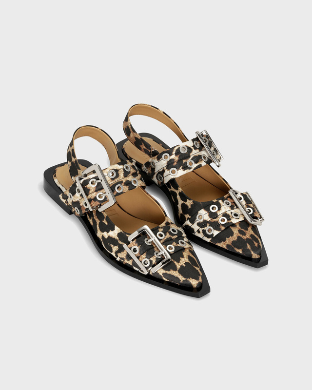 GANNI Feminine Buckle Ballerina Satin Print Leopard EUR 36