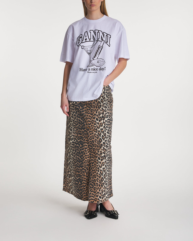 Ganni Skirt Print Denim Maxi Slit Leopard 34