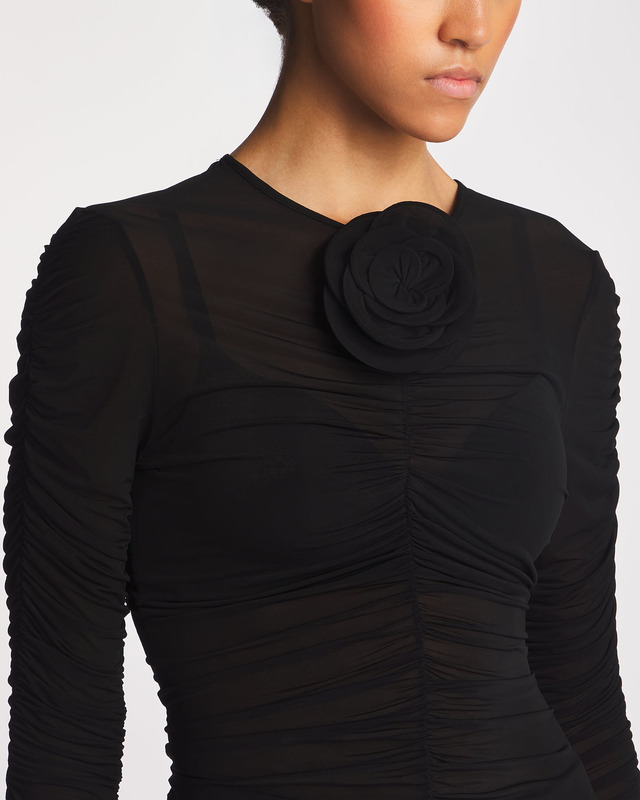 Magda Butrym Top Sheer Ruched Rose Appliqué Black FR 42 (EUR 40)