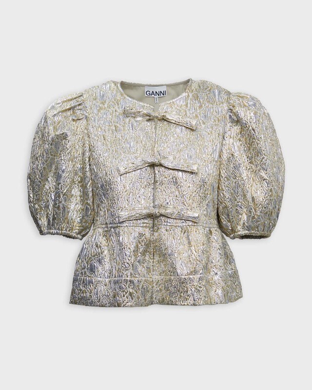 GANNI Blus Metallic Cloque Peplum Silver/guld 38