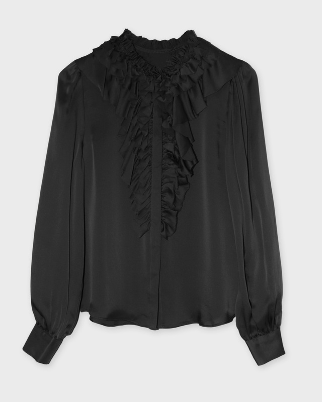 Blus Rouen Silk Ruffle Front Long Sleeve  Noir