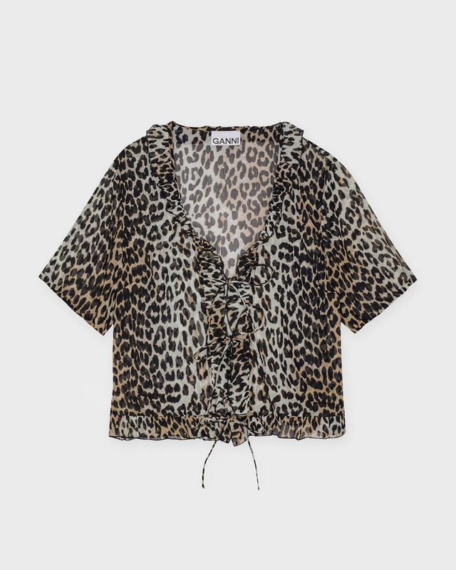 Ganni Blouse Light Chiffon Tie String Leopard 40