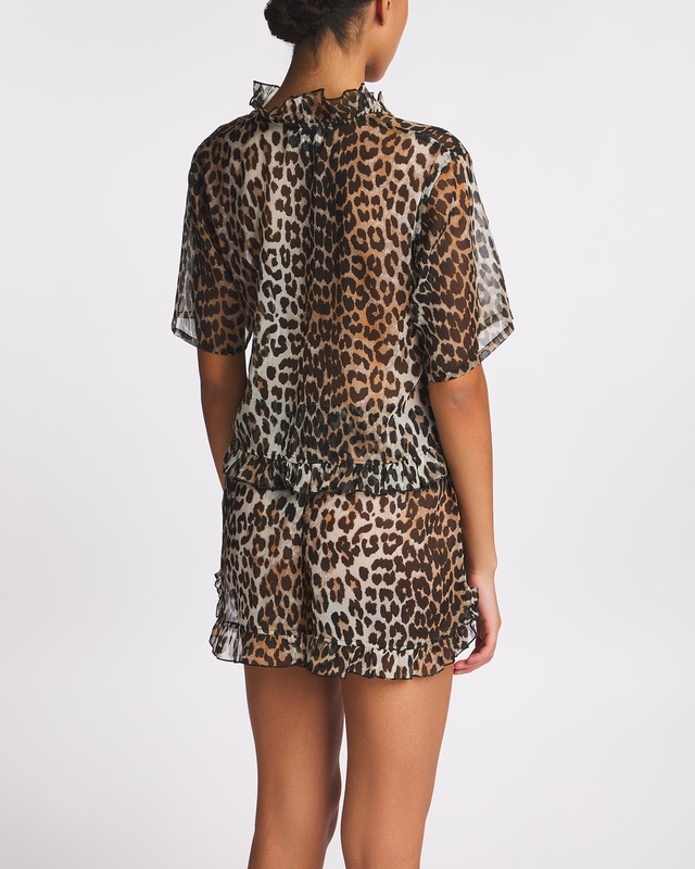 Ganni Blouse Light Chiffon Tie String Leopard 40