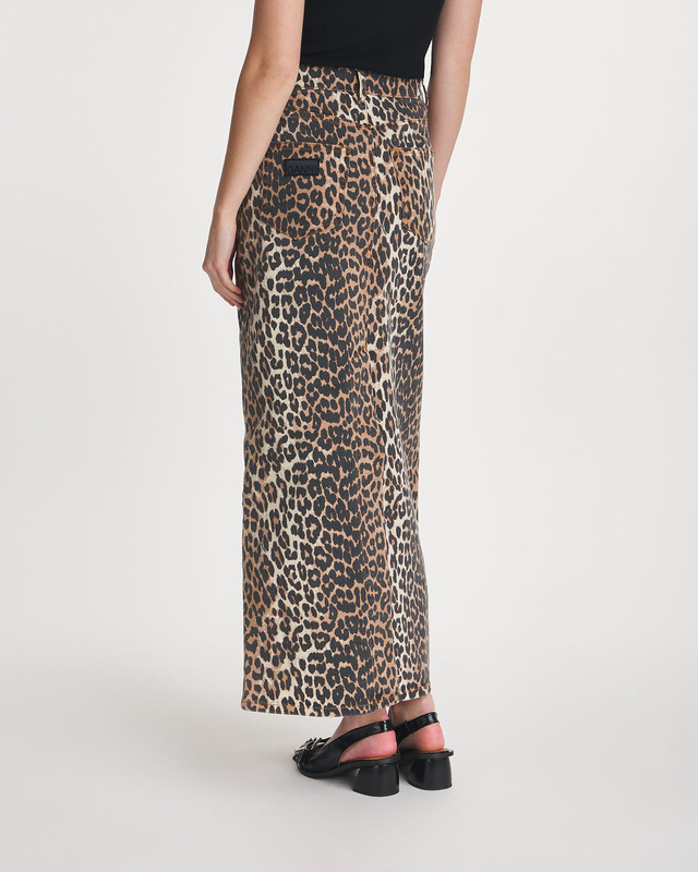 Ganni Skirt Print Denim Maxi Slit Leopard 34