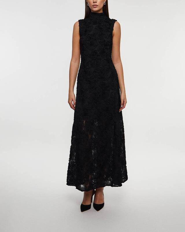 ROTATE Birger Christensen Dress Flower Mesh Maxi  Black 40