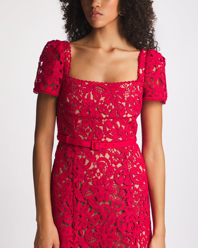 Self-Portrait Dress Red Floral Lace Midi Röd UK 8 (EUR 36)