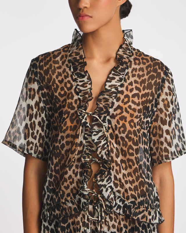 Ganni Blouse Light Chiffon Tie String Leopard 40